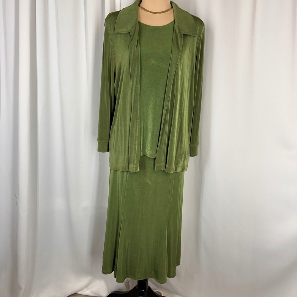 The Travel Collection Olive Green 3 Piece Cardigan Tank Maxi Skirt Set Large VTG